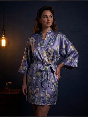 Expressions Vintage Satin Floral Kimono Robe M Elegant Classic #180L